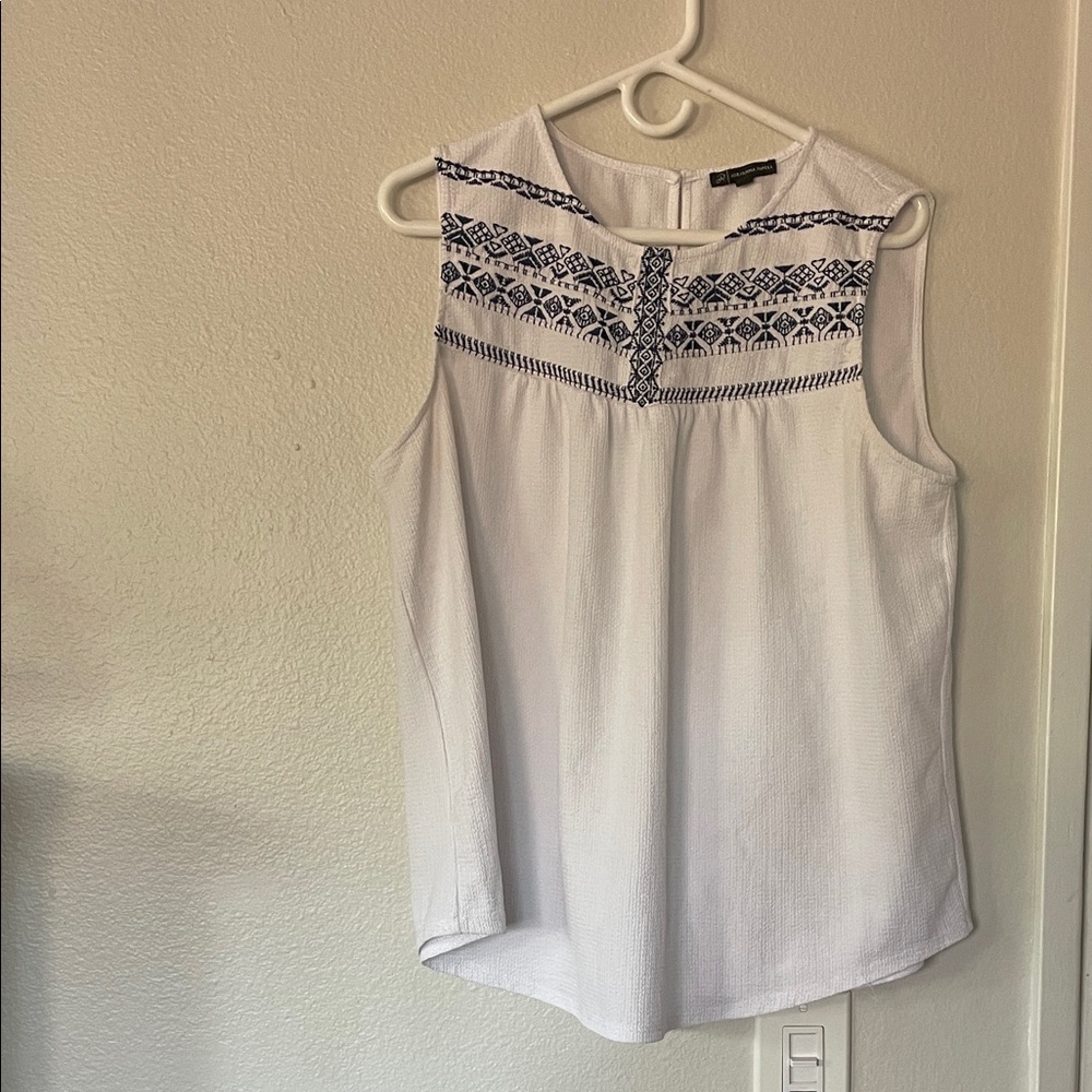 Adrianna Papell White Blouse with Navy Embroidery